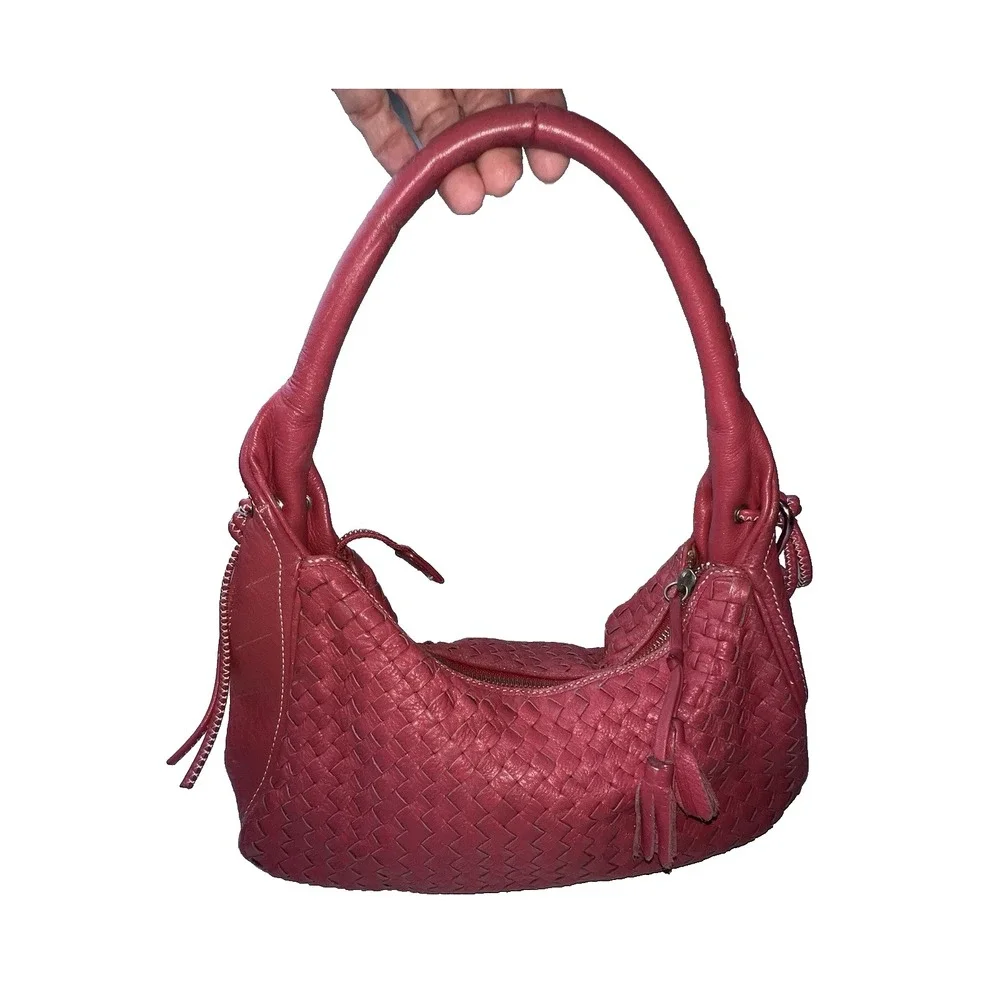 TALBOTS Woven Hot Pink Leather Hobo Shoulder Bag-Tassels-MEDIUM